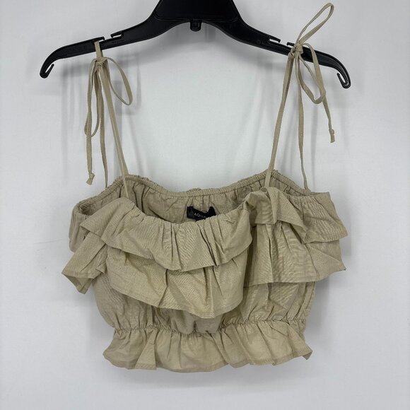 Aqua Tops - Aqua Women's Linen-Blend Tie Straps Ruffle Cropped Tank Top Green Size S NWT